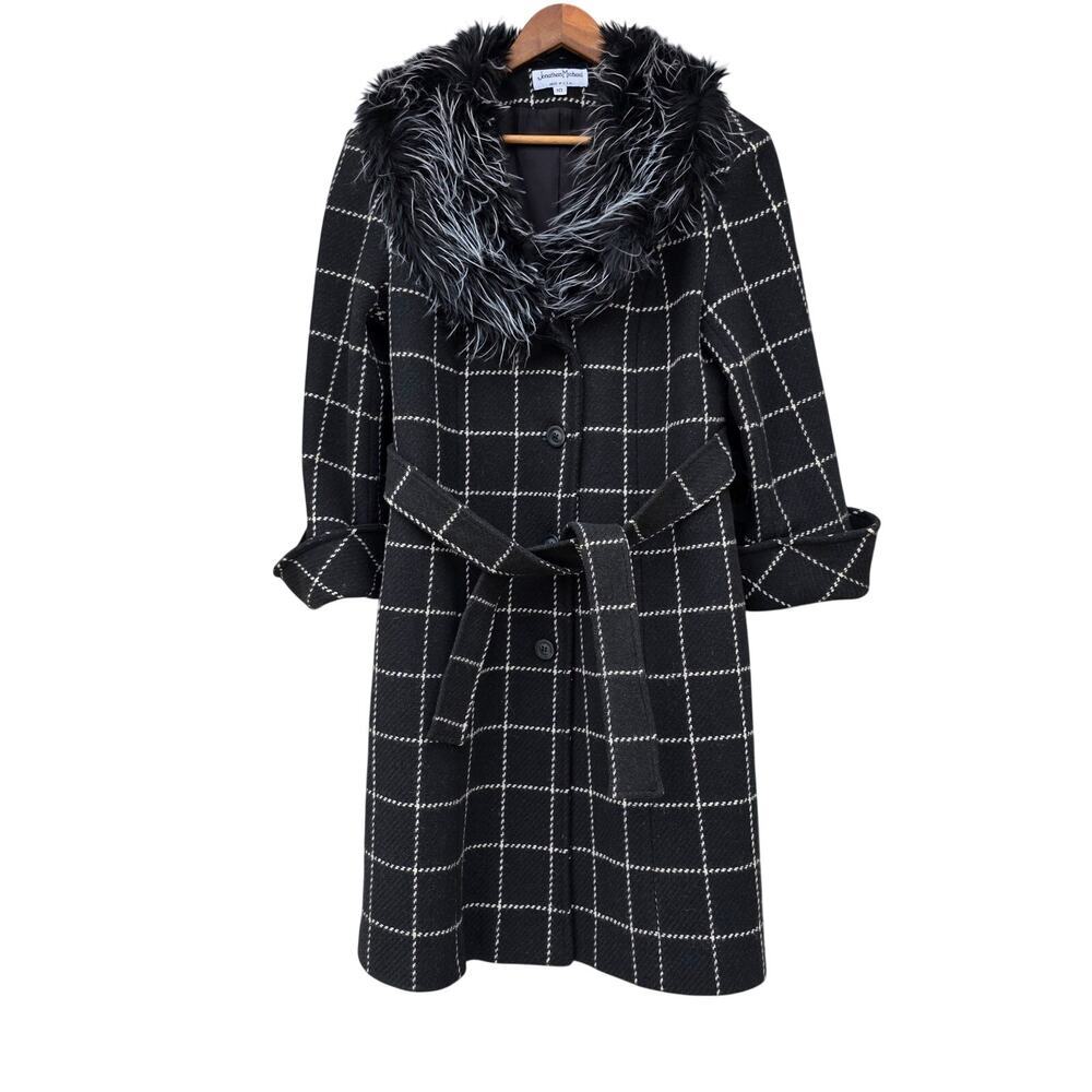 Vintage Jonathan Michael Checked Wool Blend Faux Fur Coat Black White Size 10